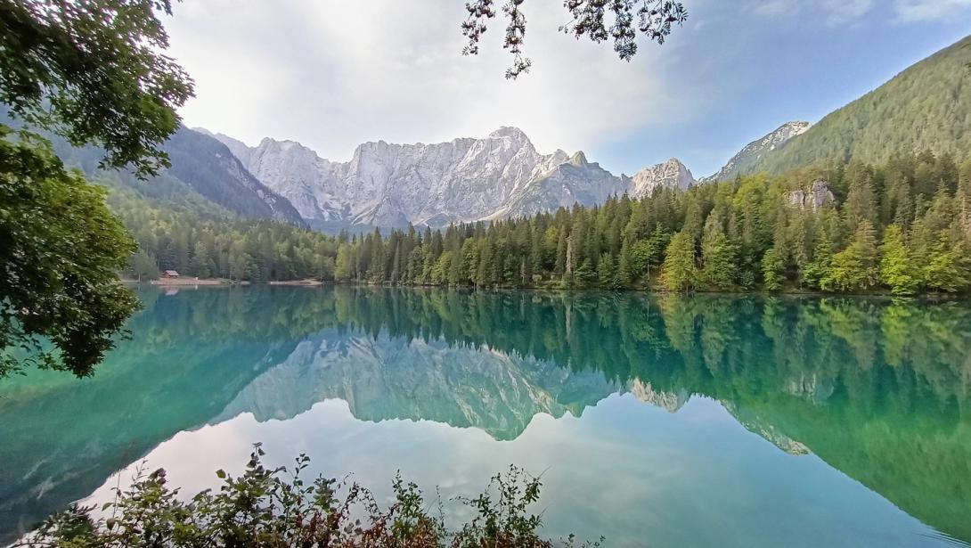 view of the Fusine Lakes with mountains in the background